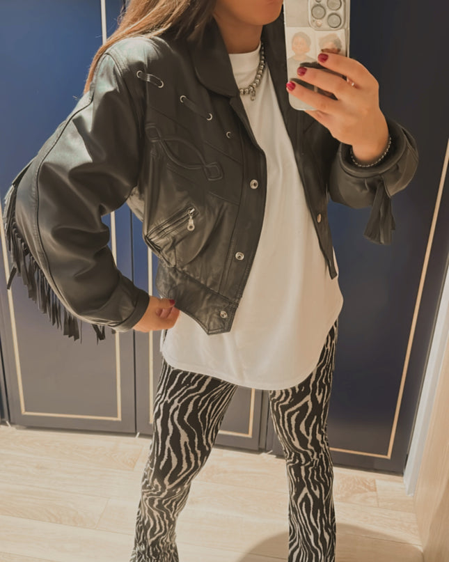 Blouson vintage en cuir à franges – Taille unique