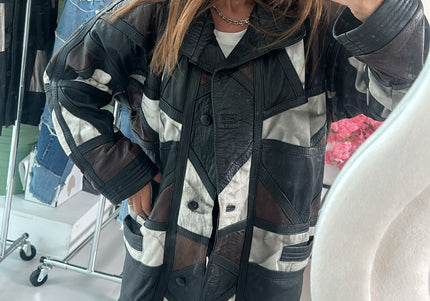 Veste en cuir patchwork marron tie&dye