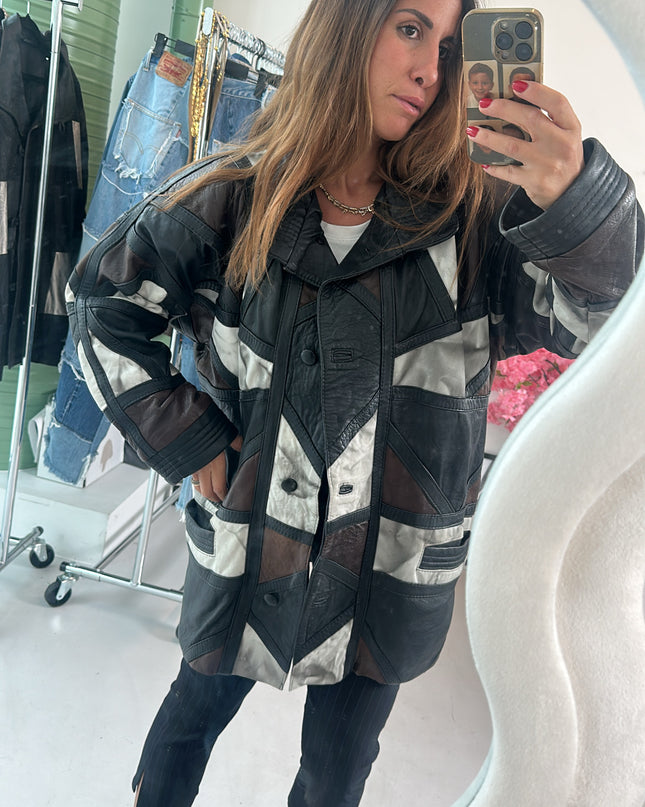 Veste en cuir patchwork marron tie&dye