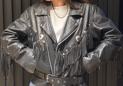 Perfecto Vintage en Cuir Noir à Franges – Esprit Western – Pièce Unique