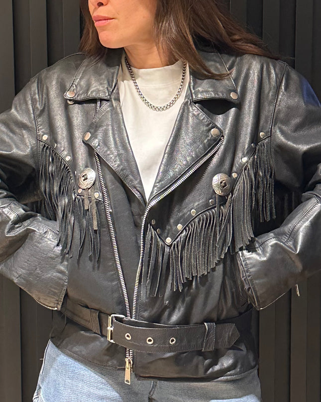 Perfecto Vintage en Cuir Noir à Franges – Esprit Western – Pièce Unique