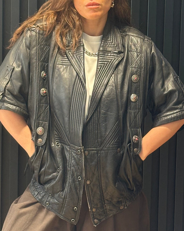 Blouson vintage en cuir 2 en 1 – manches amovibles