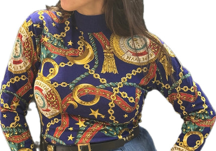 Pull en laine Céline Vintage imprimé chaînes et médaillons – Taille unique