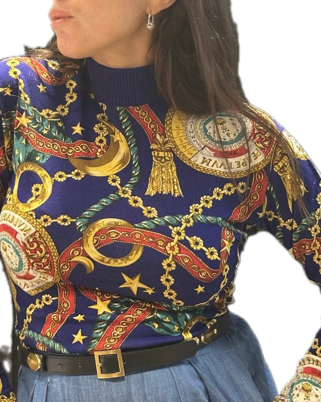 Pull en laine Céline Vintage imprimé chaînes et médaillons – Taille unique