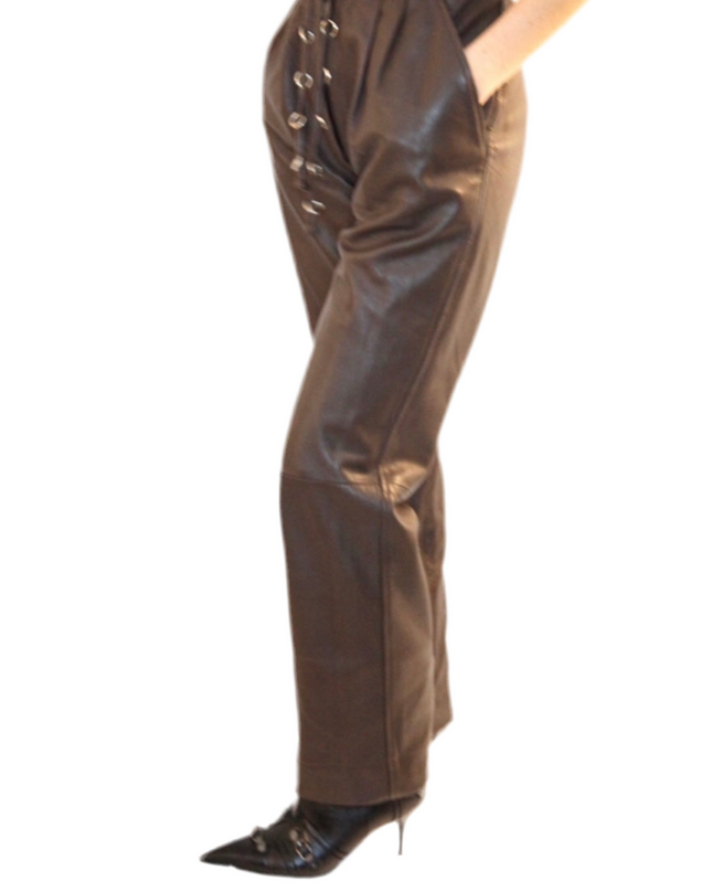 PANTALON EN CUIR VINTAGE MARRON ANNEAUX
