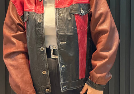 Veste en cuir patchwork vintage – bordeaux, noir & rouge