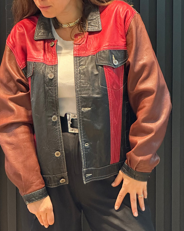 Veste en cuir patchwork vintage – bordeaux, noir & rouge