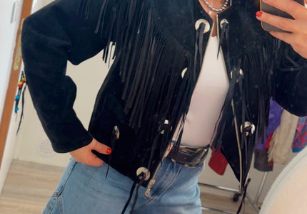 Blouson vintage en daim à franges et rivets argent – taille unique