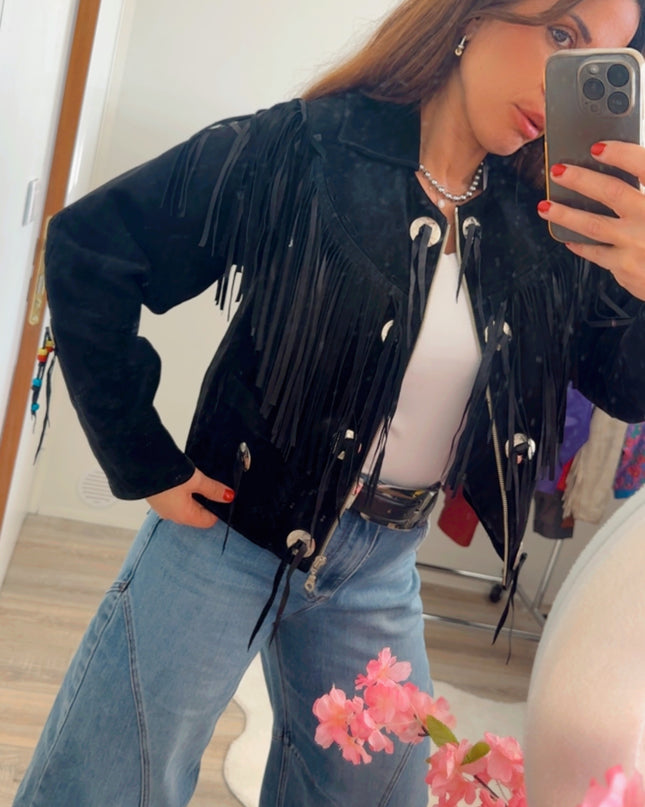 Blouson vintage en daim à franges et rivets argent – taille unique