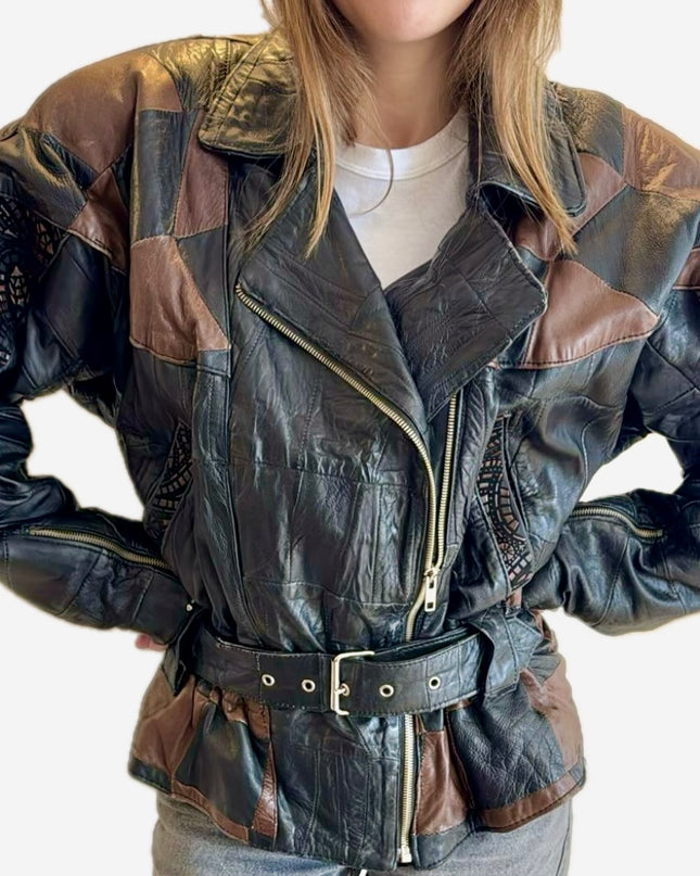 Blouson en cuir vintage – Patchwork marron & noir, ceinturé à la taille (Taille Unique)