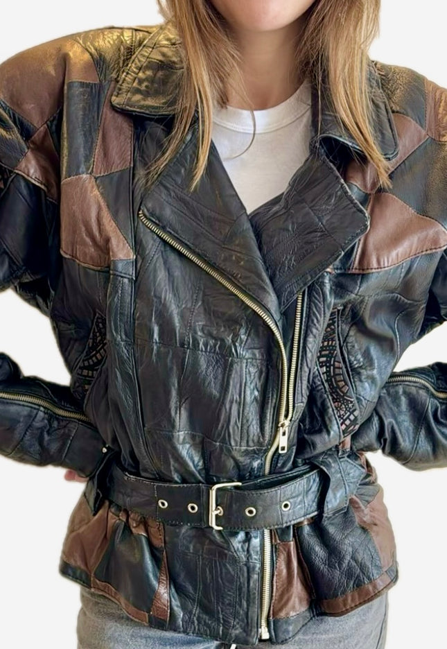 Blouson en cuir vintage – Patchwork marron & noir, ceinturé à la taille (Taille Unique)