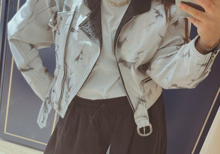 Blouson en cuir vintage tie & dye noir et blanc – Taille unique