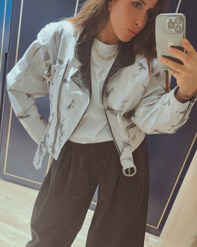 Blouson en cuir vintage tie & dye noir et blanc – Taille unique