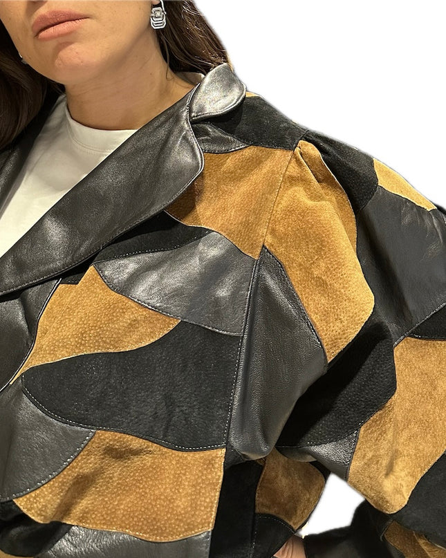Blouson en cuir et daim vintage patchwork – Taille unique