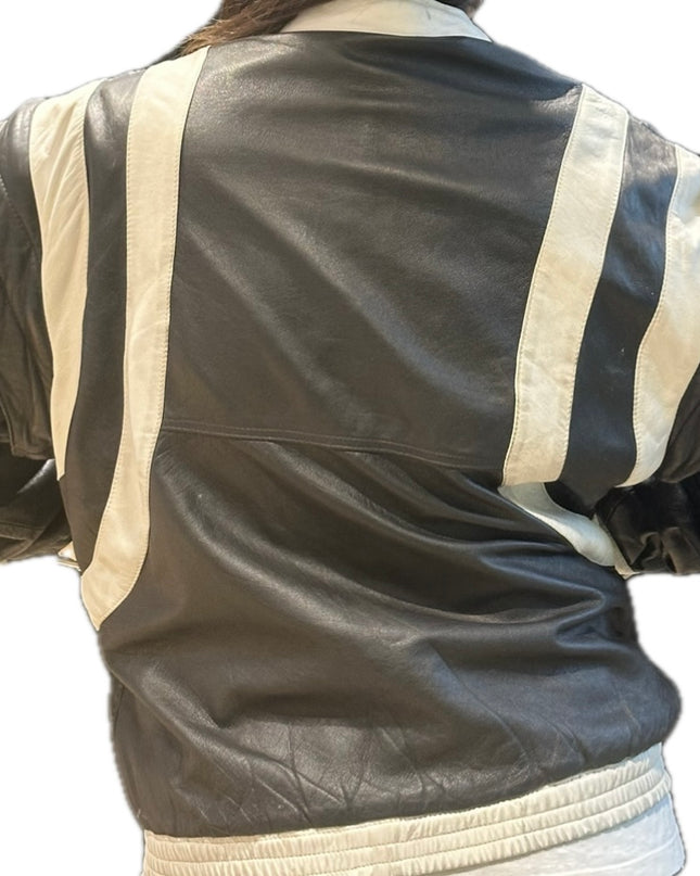 Blouson vintage en cuir noir et blanc – Taille unique