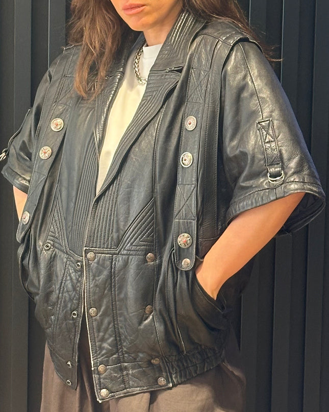 Blouson vintage en cuir 2 en 1 – manches amovibles