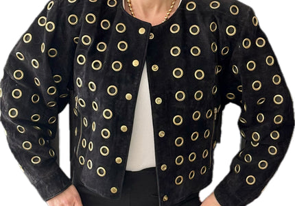 BLOUSON EN CUIR VINTAGE DAIM NOIR & ŒILLETS DORÉS