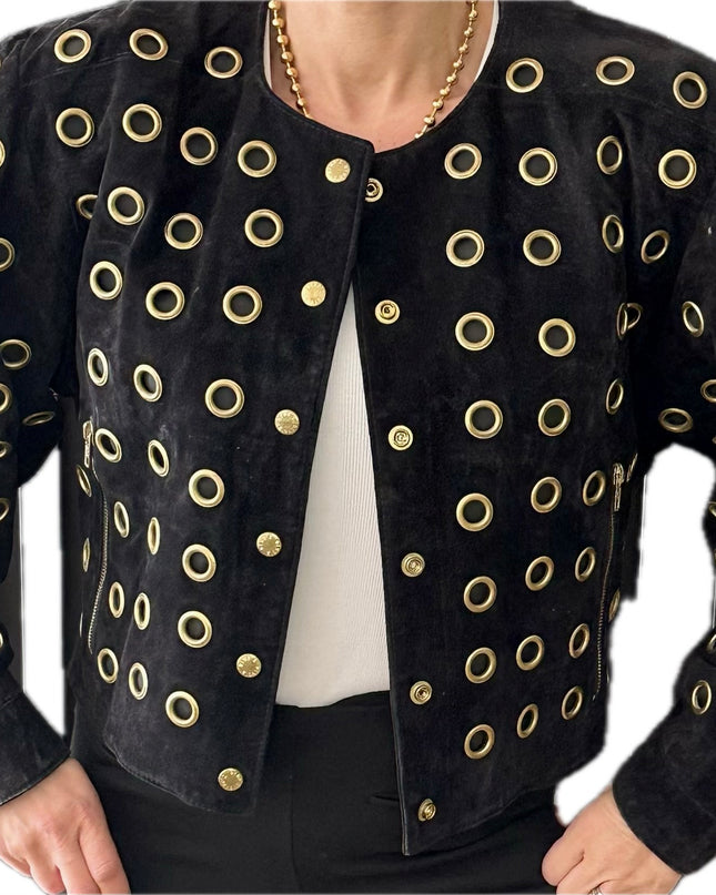 BLOUSON EN CUIR VINTAGE DAIM NOIR & ŒILLETS DORÉS