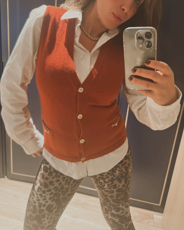 Gilet sans manches CELINE vintage – Laine rouge brique T-36