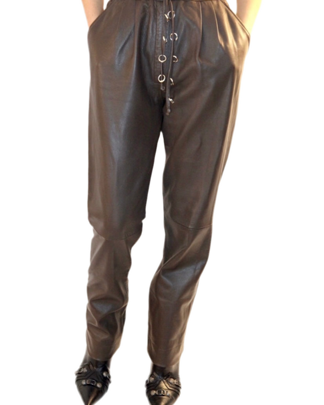 PANTALON EN CUIR VINTAGE MARRON ANNEAUX