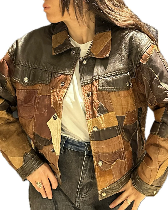 BLOUSON VINTAGE PATCHWORK CUIR MARRON