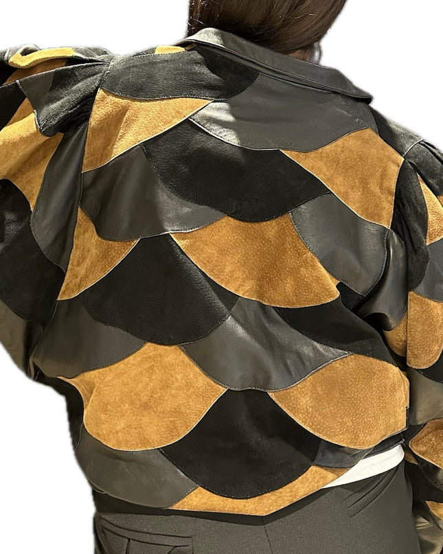 Blouson en cuir et daim vintage patchwork – Taille unique