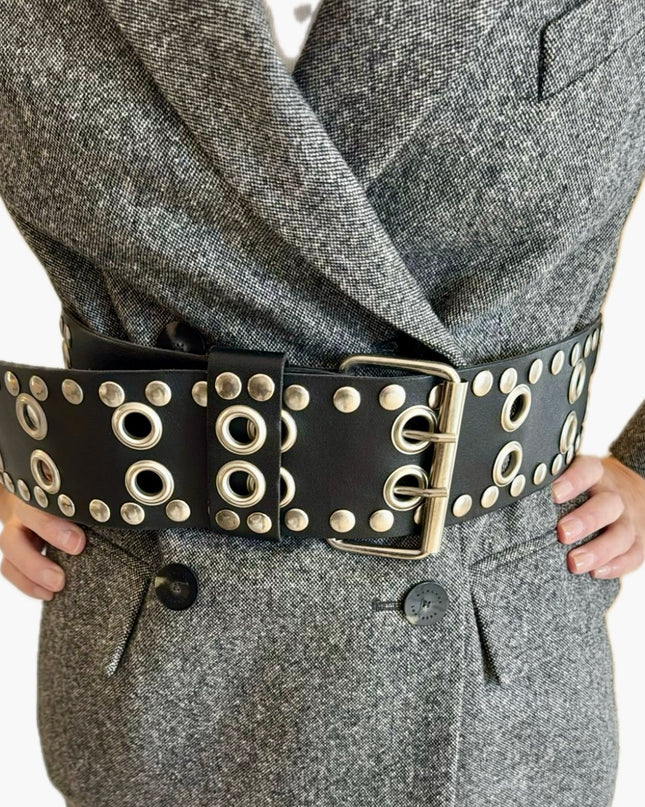 Ceinture vintage en cuir noir – Taille Unique, réglable