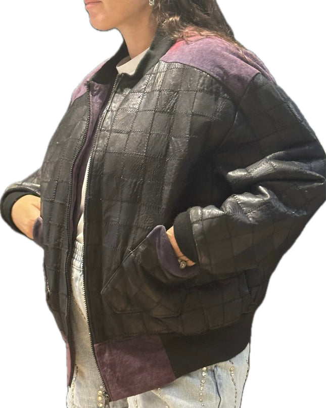 Blouson vintage en cuir patchwork noir et violet – Taille unique