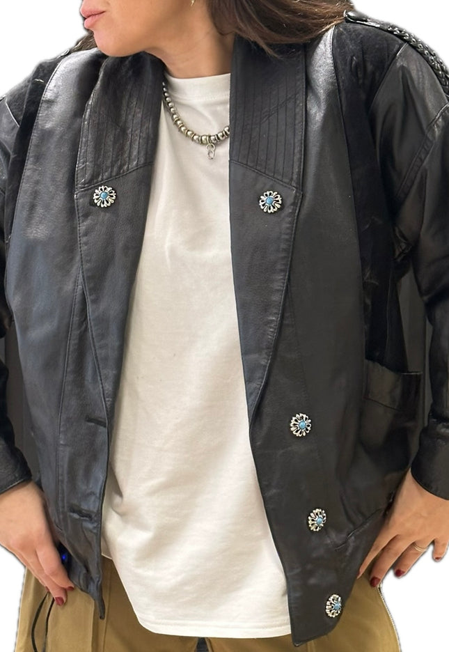 Blouson en cuir vintage customisé – Noir – Taille unique