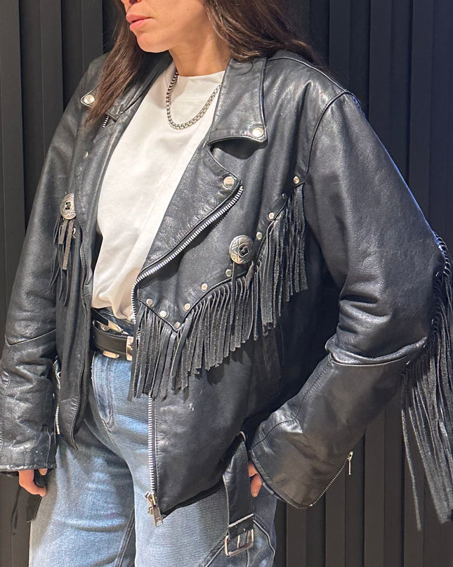 Perfecto Vintage en Cuir Noir à Franges – Esprit Western – Pièce Unique
