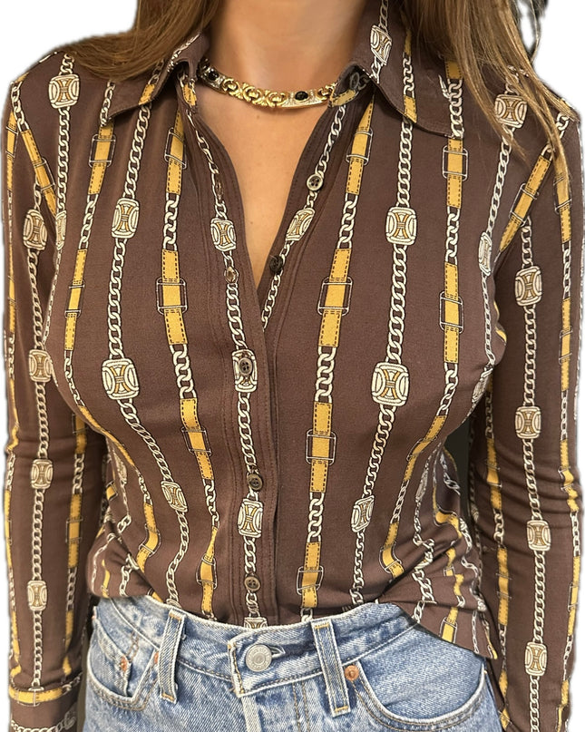 Chemisier vintage Céline en soie – Marron – Taille 36