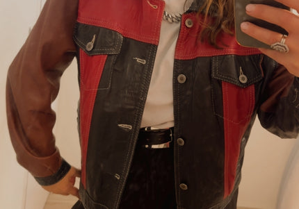 Veste en cuir patchwork vintage – bordeaux, noir & rouge