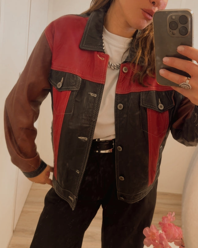 Veste en cuir patchwork vintage – bordeaux, noir & rouge