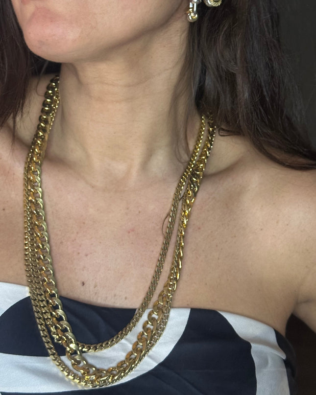 Collier vintage à triple chaîne dorée – Pièce statement