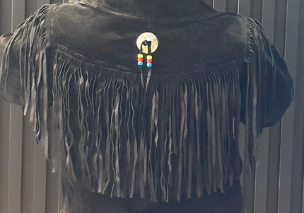 Blouson vintage en daim à franges et rivets argent – taille unique