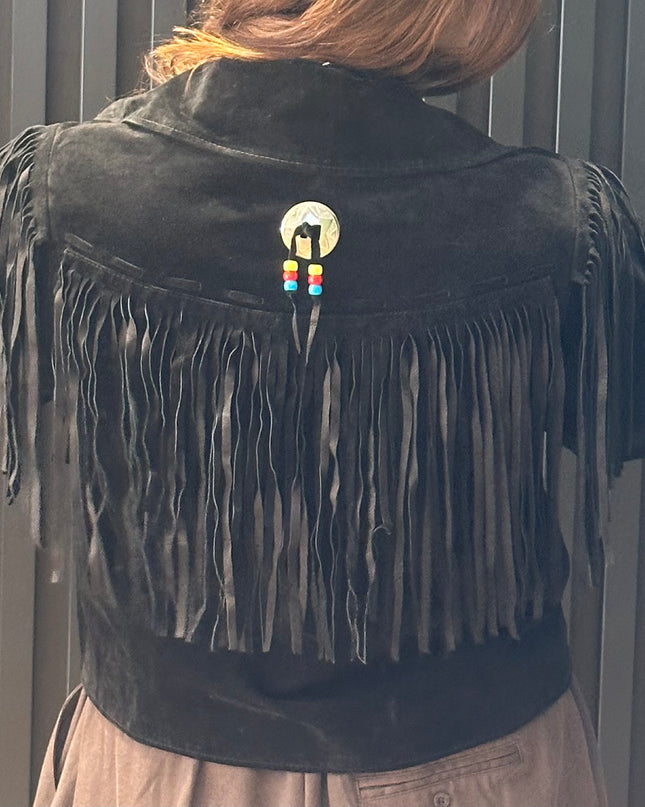 Blouson vintage en daim à franges et rivets argent – taille unique