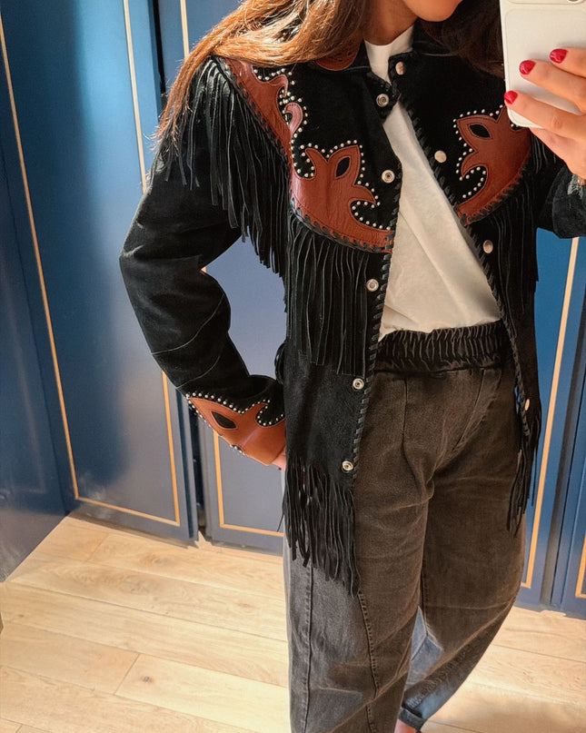 Veste vintage à franges & empiècements en cuir – Pièce iconique