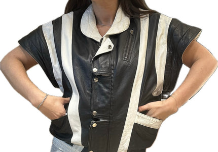 Blouson vintage en cuir noir et blanc – Taille unique