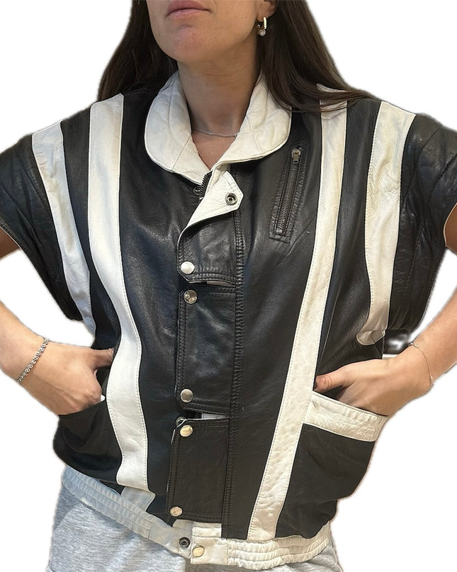 Blouson vintage en cuir noir et blanc – Taille unique
