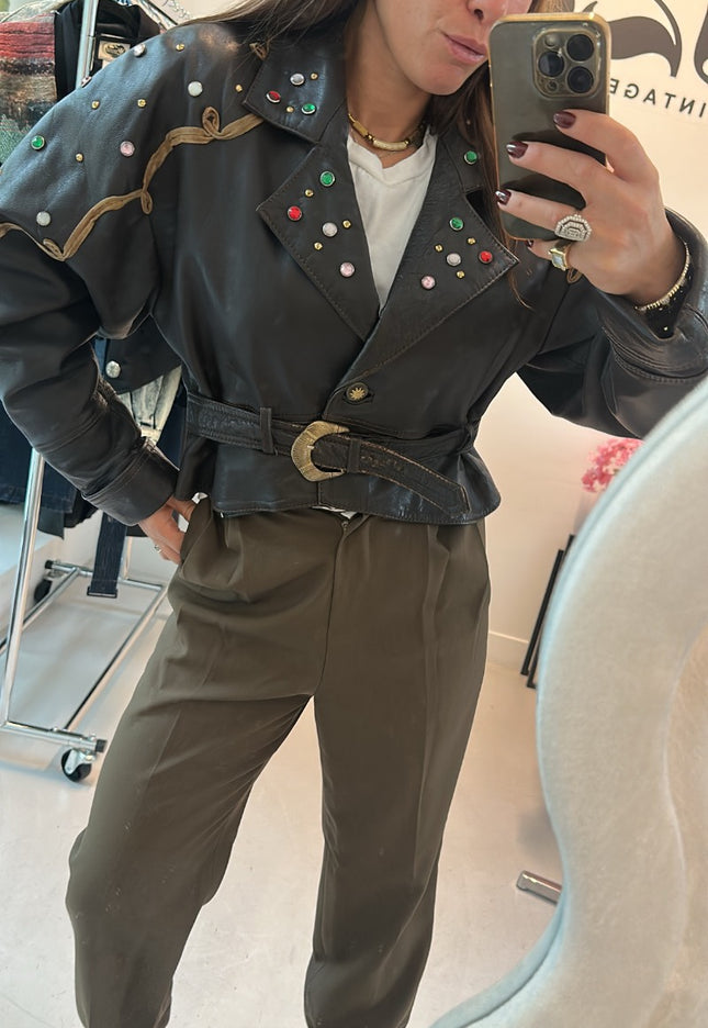 Veste en cuir strass couleur