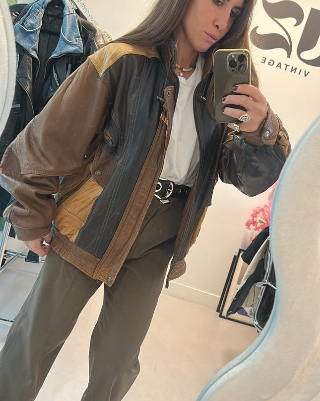 Veste cuir patchwork marron