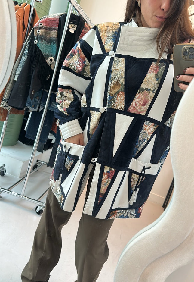 Manteau long en cuir vintage patchwork